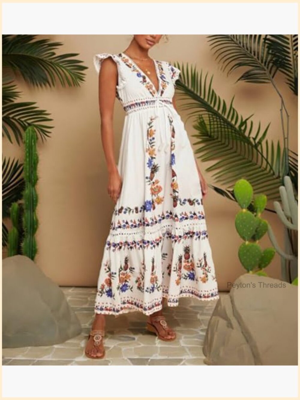 V Neck Cap Sleeve Maxi Dress Fruit Floral Print Elastic Waist Summer Casual - Picture 2 of 5
